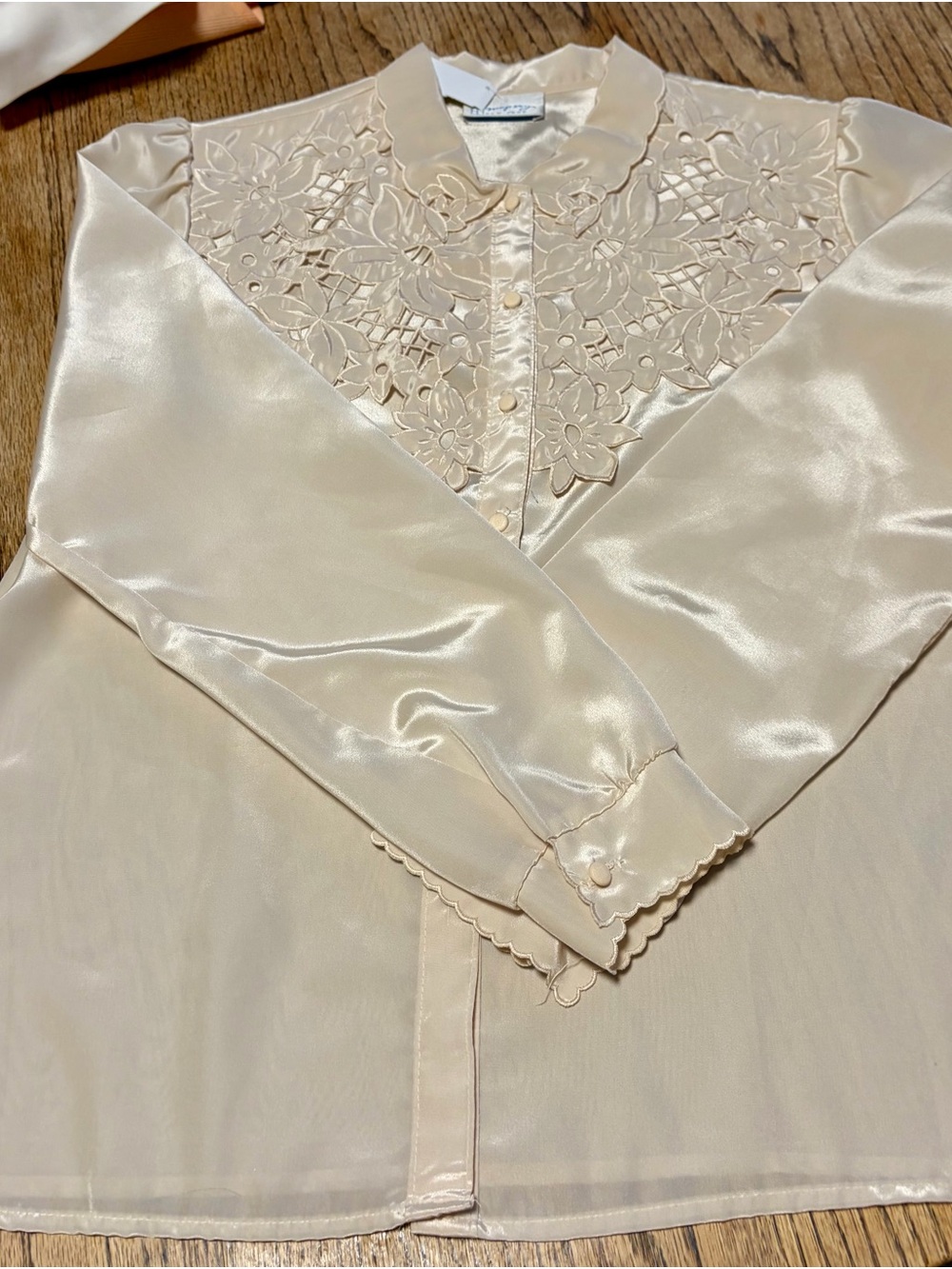 Women's Cream Satin Blouse with Floral Cutwork and Button Front